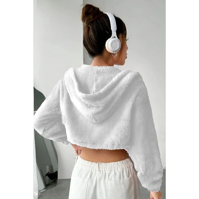 Peluş ceket kapşonlu beyaz