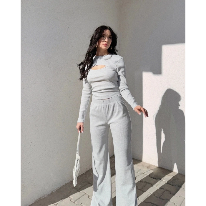 Pencereli detaylı alt üst takım gri w3864