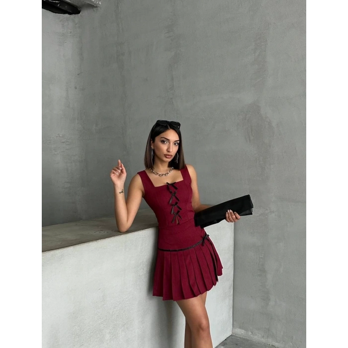 Pileli etek yelek takım bordo s255015