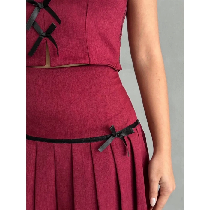 Pileli etek yelek takım bordo s255015