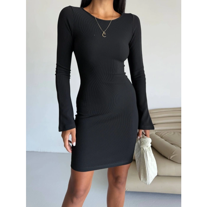 Prenses kol esnek kumaş elbise siyah f2334