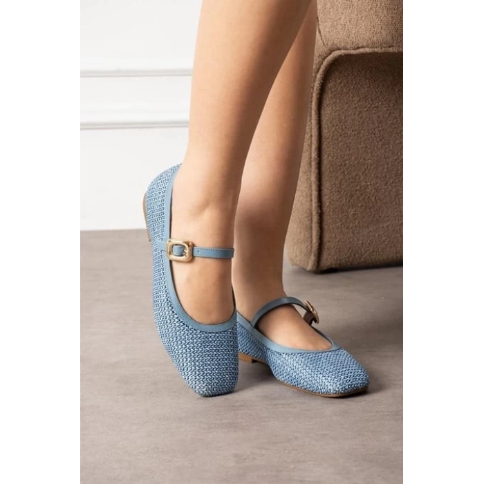 Rives Mavi Cilt Hasır Dokumalı Babet Ayakkabı