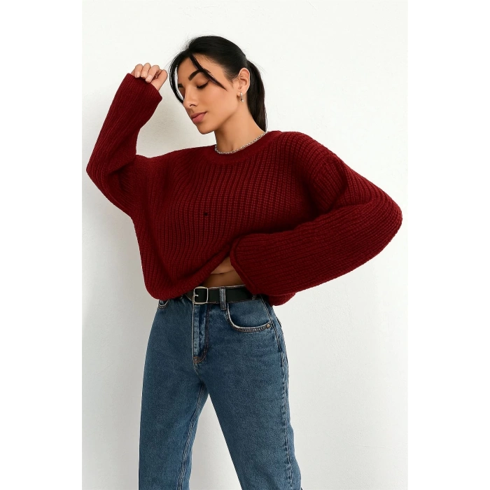 Salaş delik detaylı kazak bordo