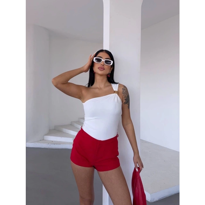 Tek omuzlu Otoman kumaş gold metal detaylı bluz s2311