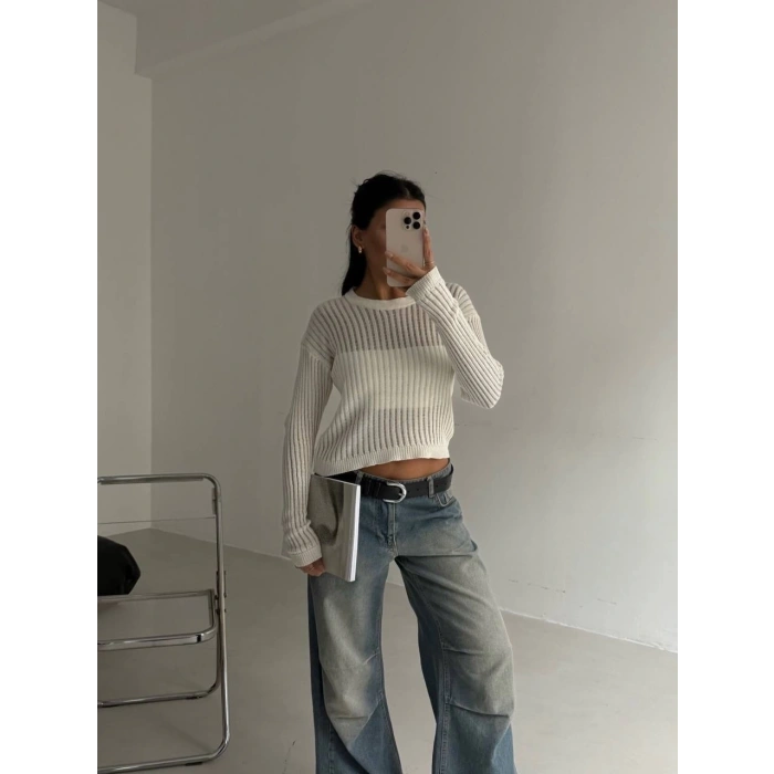 Triko transparent bluz beyaz