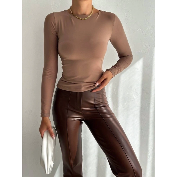 Tül kollu bluz vizon f2252