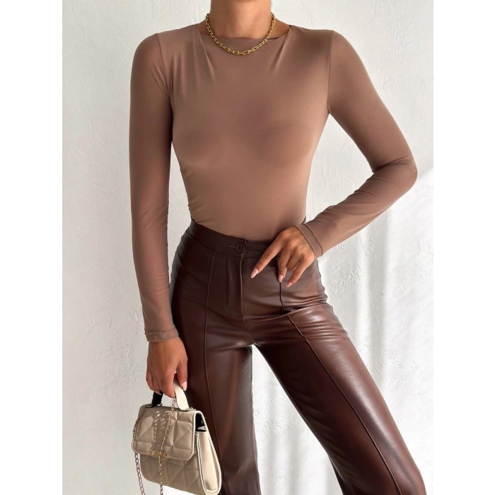 Tül kollu bluz vizon f2252