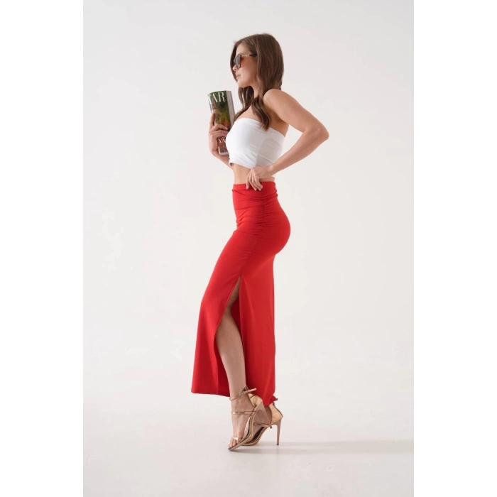 Uzun yırtmaçlı ince kumaş etek kırmızı