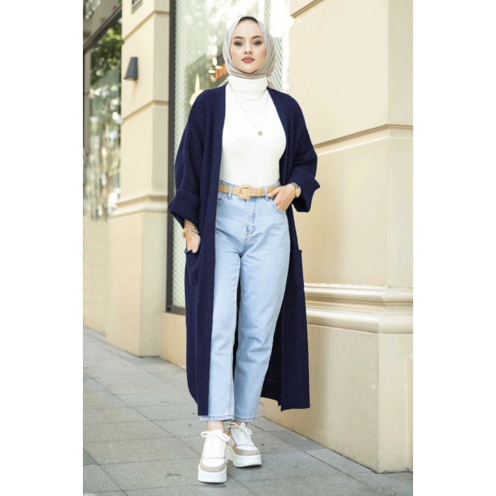 Yarasa kol uzun triko hırka lacivert