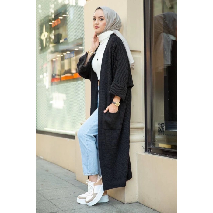 Yarasa kol uzun triko hırka siyah