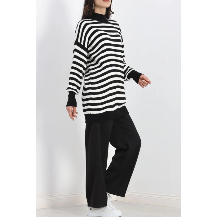 Yarım balıkçı yaka çizgili oversize triko kazak siyahbeyaz