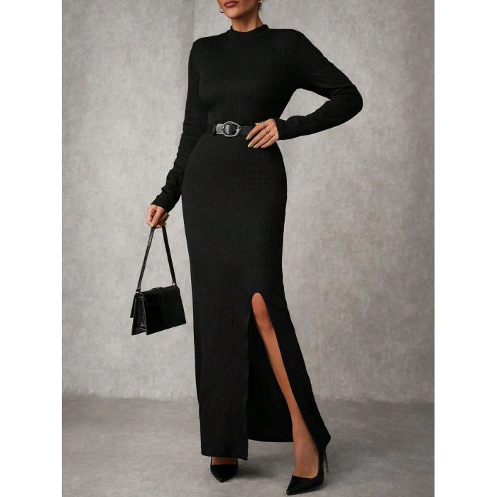 Yırtmaçlı jakarlı uzun elbise siyah A3793