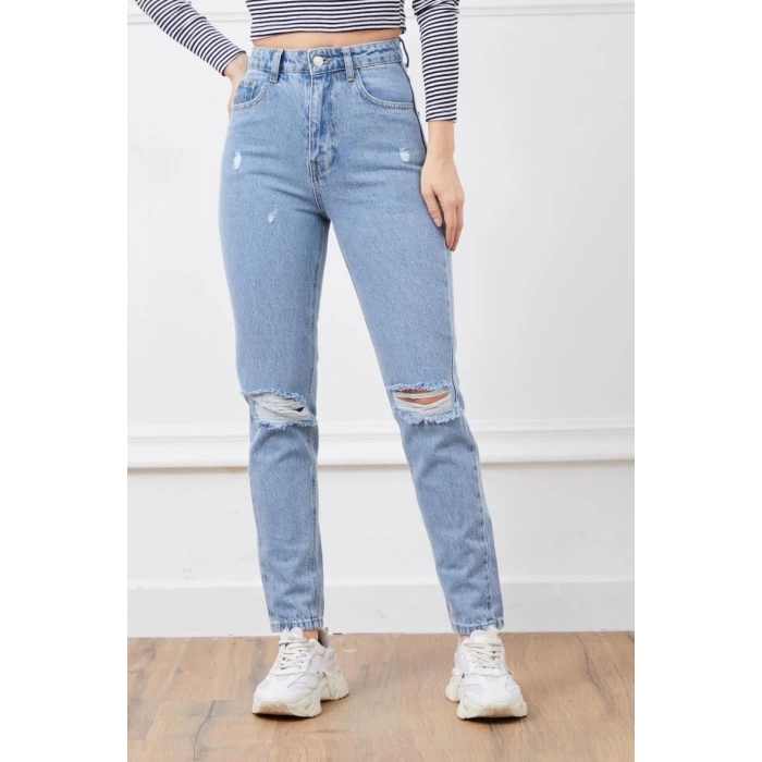 Yüksek bel yırtmaçlı mom jean pantolon