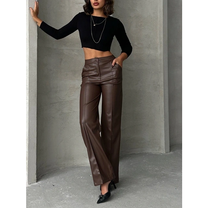 Zr deri palazzo pantolon kahve h24654