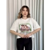 Oversize Beyaz baskılı crop tişört