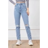Yüksek bel yırtmaçlı mom jean pantolon