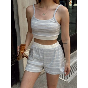 Çizgili şortlu takım gri s3978