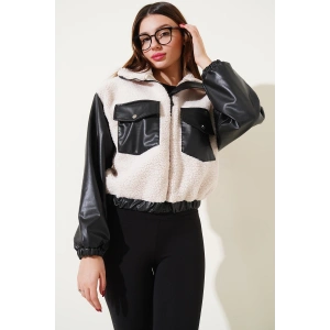 Deri garnili cepli peluş mont siyah t1253