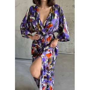 Dokuma baskılı yarasa kol elbise s8124