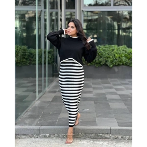 İkili triko elbise takım siyah beyaz