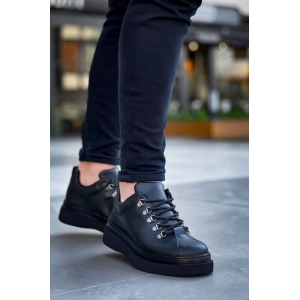 KB-X4  Kuback Siyah Cilt Siyah Yüksek Taban Bağcıklı Günlük Erkek Ayakkabı