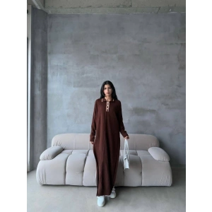 Pantolon yırtmaçlı elbise ikili triko takım kahve elf