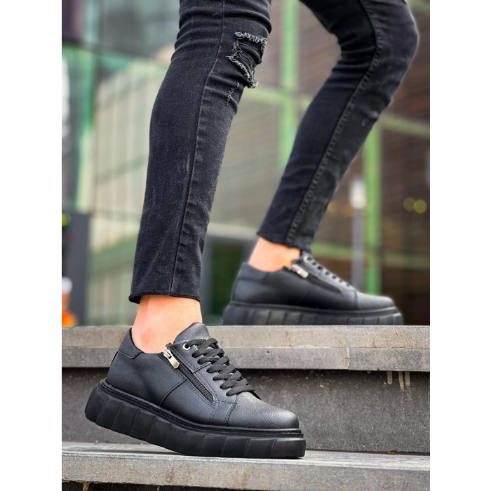 KB-X155 Kuback Siyah Cilt Detaylı Siyah Yüksek Taban Günlük Spor Ayakkabı