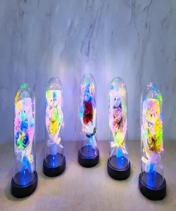 Işıklı Müzikli Fanus içinde Sevimli Ayıcıklı Gül Buketi  SPR5002