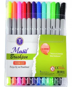 Supertrendis Brushpen Çift Uçlu Fırça Uç + Fineliner Kalem Seti 12 Renk