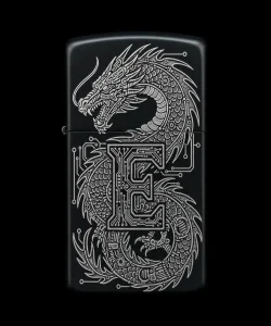 Benzinli Çakmak Ejderha Figürlü E Harfli Tasarım - V28