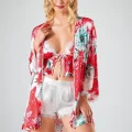 Kaliteli Kırmızı Çiçek Desenli Bodysuit 3lü Şort Takımı