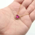 Altın Kaplama Sıra Taşlı Fuşya Kalp Zincirli Kolye