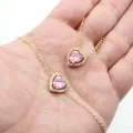 Altın Kaplama Sıra Taşlı Pembe Kalp-Zincirli Set