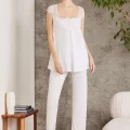 Kaliteli Şık 3lü Pijama Takımı - Ekru
