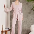 Dantelli Şık 3lü Pijama Takımı - Pudra Renk