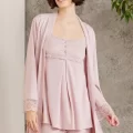 Dantelli Şık 3lü Pijama Takımı - Pudra Renk