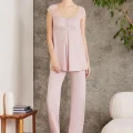 Dantelli Şık 3lü Pijama Takımı - Pudra Renk