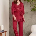 Kaliteli Şık Bordo 3Lü Pijama Takımı