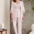 Kaliteli Şık 3Lü Pijama Takımı - Pudra Renk