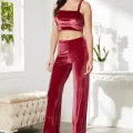 Kaliteli Kadın Şık Crop Pijama Takımı - Bordo Renk
