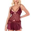 Bordo Şık Saten Babydoll Şort Takımı