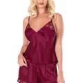 Bordo Şık Saten Babydoll Şort Takımı