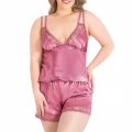 Büyük Beden Gül Kurusu Şık Saten Babydoll Şort Takımı
