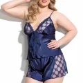 Büyük Beden Lacivert Şık Saten Babydoll Şort Takımı