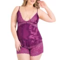 Büyük Beden Şık Mor Saten Babydoll Şort Takımı