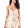 Fildişi Saten Babydoll Şort Takımı - Sağlık Güvencesi Şık Gecelik