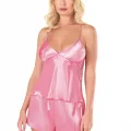 Kaliteli Şık Koyu Pembe Saten Babydoll Şort Takımı
