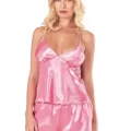 Kaliteli Şık Koyu Pembe Saten Babydoll Şort Takımı