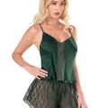Koyu Yeşil Şık Saten Babydoll Şort Takımı