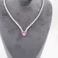 Rodyum Kaplama Pembe Kalp Taşlı Su Yolu Kolye ve Bileklik Seti